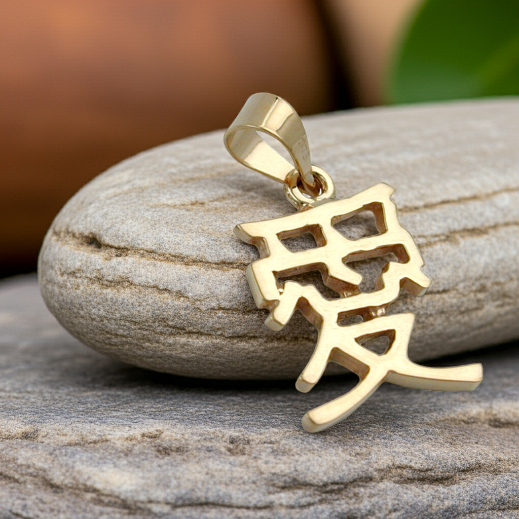 Pendant 15x11mm Chinese character for love shiny 9Kt GOLD