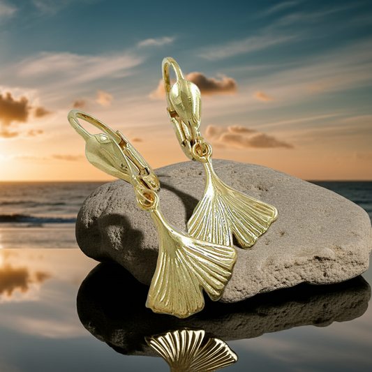 Ear leverback earrings earrings 27mm ginkgo leaf shiny 9K GOLD