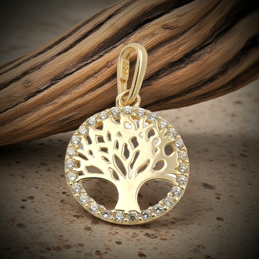 Anhänger 11mm Lebensbaum Rand mit Zirkonias 9Kt GOLD