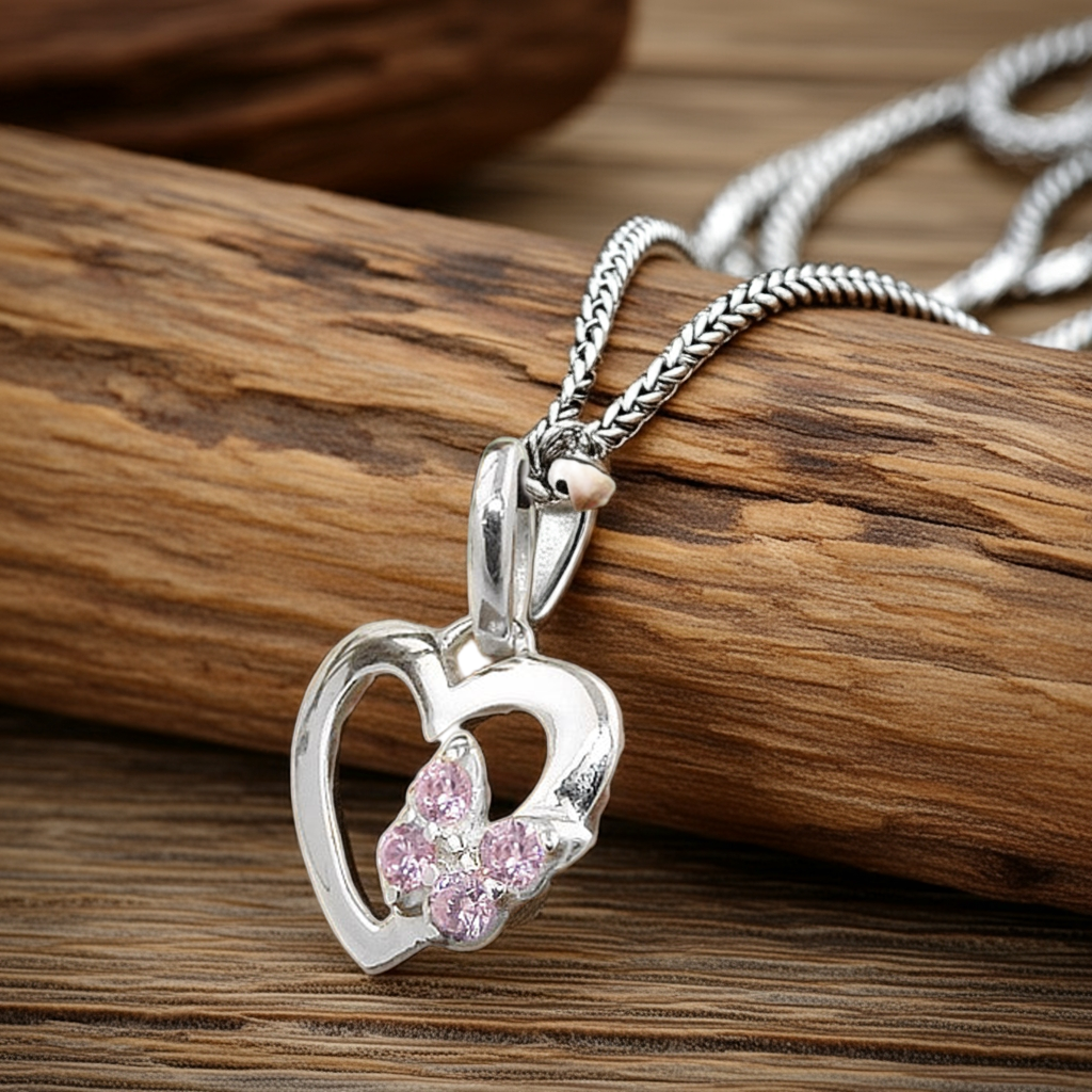 Anhänger „10×9 mm Herz mit Schmetterling pink“ Silber 925 – verspielt & liebevoll