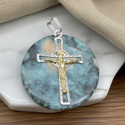 Pendant 40x24mm Cross Jesus bicolor shiny diamond-cut silver 925