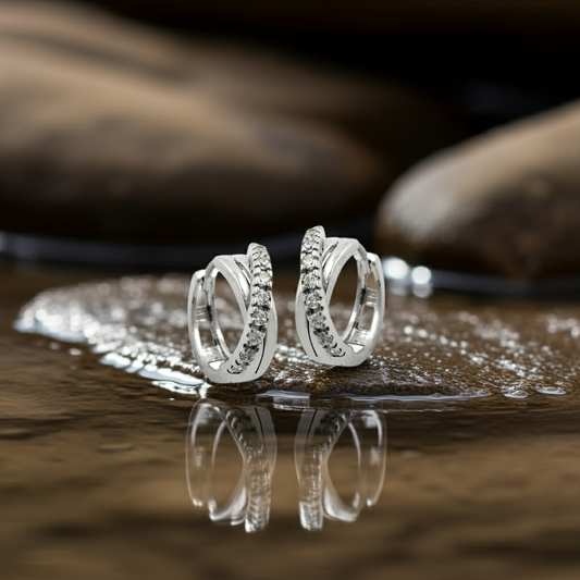 Hoop earrings 12.5x5mm with crossed zirconias, rhodium-plated, silver 925